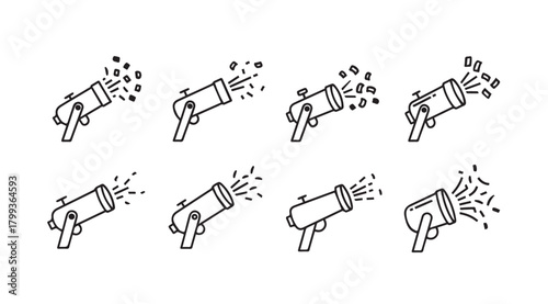 Eight hand drawn silhouette confetti cannons firing in a grid pattern