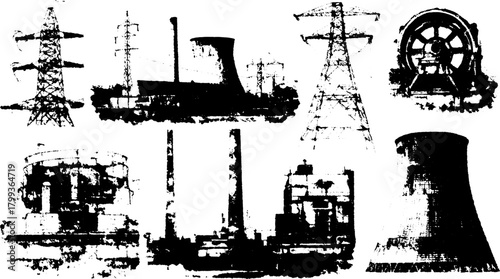 Vintage engravings of industrial power plants and electricity structures. Set of black and white line drawing vector illustrations showcasing energy equipment.