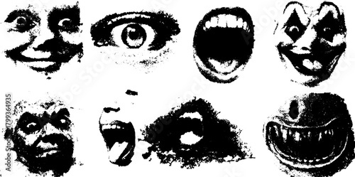 Various faces with dramatic expressions in black and white. Unique vector illustration set highlighting emotions and surreal artistry.