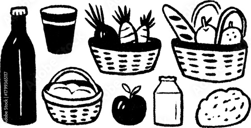 Food vector illustration featuring various baskets filled with fruits, vegetables, and beverages. Simple graphic set for a clean visual representation.