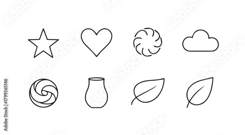 Collection of simple outline shapes including star heart swirl cloud vase and leaves silhouette
