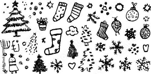 Christmas tree, socks, and decorations in black and white. Simple hand-drawn vector illustration set for festive themes.