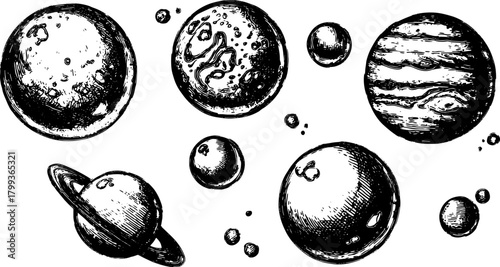 Set of planets in a detailed sketch style. Black and white illustration of celestial bodies represents space and astronomy concepts in vector format.