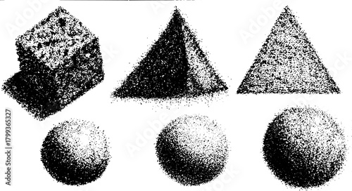 Geometric shapes set: cube, sphere, cone, and pyramid. Black and white vector illustration with clean lines and visual clarity.