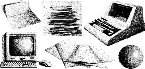 Engravings of retro objects including a computer, typewriter, and stacked papers. Black and white vector illustration featuring a set of vintage items.