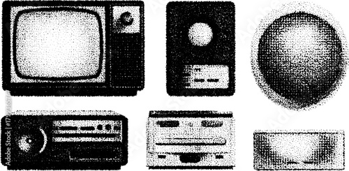 Vintage television and stereo equipment. Black and white illustrations of audio devices in retro style as a set of vector graphics.