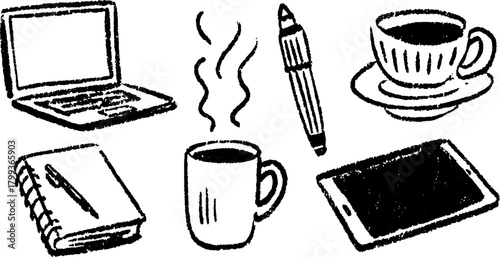 Laptop and coffee cup with notebook and pen. Simple vector illustration representing an office workspace set.