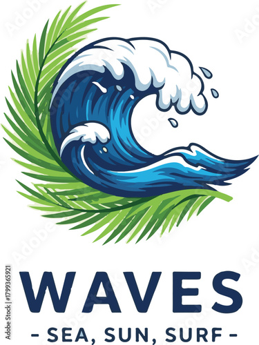 Stylized Breaking Ocean Wave with Palm Leaves and Text Logo