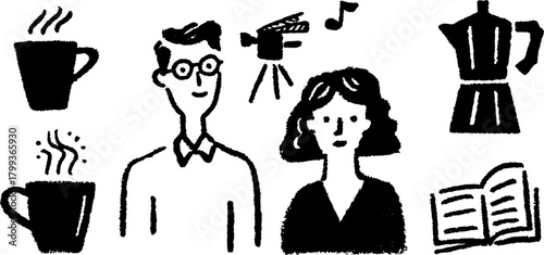 Coffee cup and people vector illustration in black and white. Simple drawing featuring a video camera, book, and music notes in a creative set.