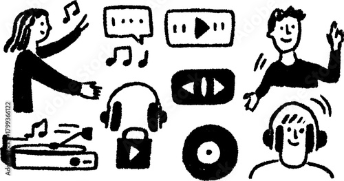 Vector illustration set featuring music-related elements like headphones, vinyl records, and sound notes in a minimalist black and white style.