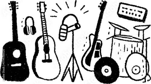 Set of musical instruments: guitars, microphone, drums, and headphones in black and white vector illustration. This graphic captures the essence of music.