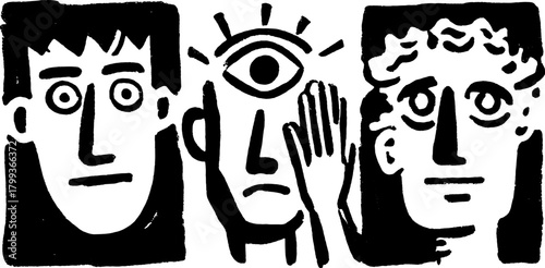 Silhouette drawing of three abstract characters with distinct expressions. Simple black outline vector illustration in a set.