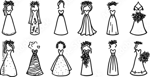 Stylish wedding dresses in hand-drawn outline. Elegant vector illustration in a creative set of gown designs.