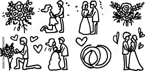 Hand-drawn wedding couple silhouettes and flowers. Outline graphics for a set of vector illustrations representing love and marriage.