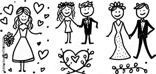 Wedding silhouettes featuring a bride and groom in a hand-drawn style. This vector illustration includes love hearts and flowers, ideal for celebrating marriage.