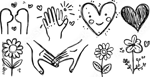 Silhouette drawing of hands and flowers. Simple black outline design vector illustration emphasizing connection.