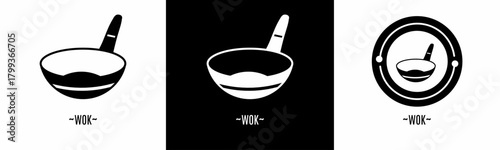 Wok logo set. Collection of black and white logos. Stock vector.