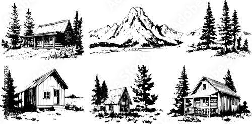 Set of cabin and house illustrations in black and white featuring mountains and trees. Simple vector artwork captures rural landscapes.