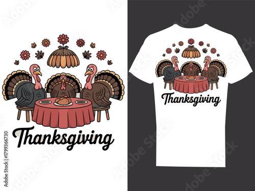 Family of turkeys sitting around
table  thanksgiving day t-shirt design 