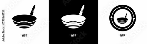 Wok logo set. Collection of black and white logos. Stock vector.