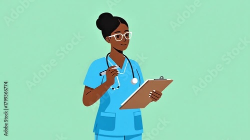 Animated African American Female Nurse Writing Notes on a Clipboard, Symbolizing Patient Records, Medical Documentation, Healthcare Tasks, and Professional Service