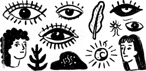 Illustration of human figures and eyes with natural elements like a sun and feather. The set features a unique black-and-white vector design.