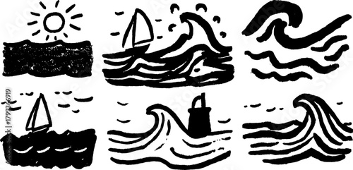 Ocean waves with a sailboat and lighthouse in a simple vector illustration. Flat design with minimal graphics and an abstract set.
