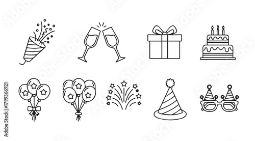 Collection of festive celebration icons in a simple line art silhouette style
