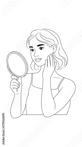 Young woman checking face with a hand mirror, skincare beauty routine concept Vector