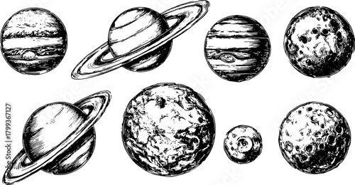Planets including Jupiter, Saturn, and Mars in a vintage style. Celestial vector illustration set on a black and white background.