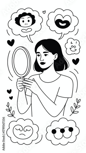 Woman looking in a mirror with diverse emotional reflections, self-perception. Vector