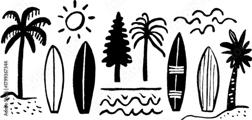 Silhouette of palm trees, surfboards, and sun. Hand-drawn line art showcasing a tropical beach scene in a black vector illustration.