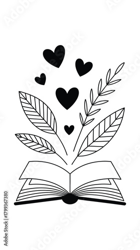 Open book with stylized botanical elements and floating hearts, clean graphic Vector