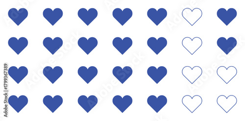 A grid of blue and outline heart icons on a white background, representing likes or favorites