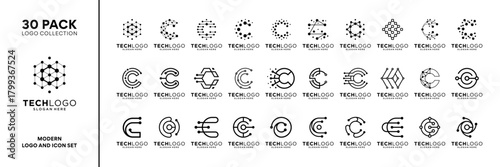 Set of initial letter C connection data tech logo design inspiration. Geometric abstract logo icon vector isolated on white background.