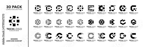 Set of initial letter C digital data tech logo design inspiration. Geometric abstract logo icon vector isolated on white background.