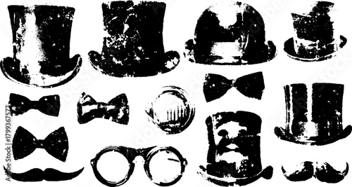 Vintage hats and bowties in black and white. This illustration set features various accessories for a classic, formal aesthetic, in vector style.
