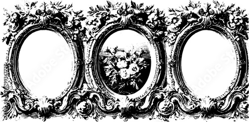 Ornate vintage frame set in black and white. Decorative floral design with empty spaces for pictures in a vector illustration.