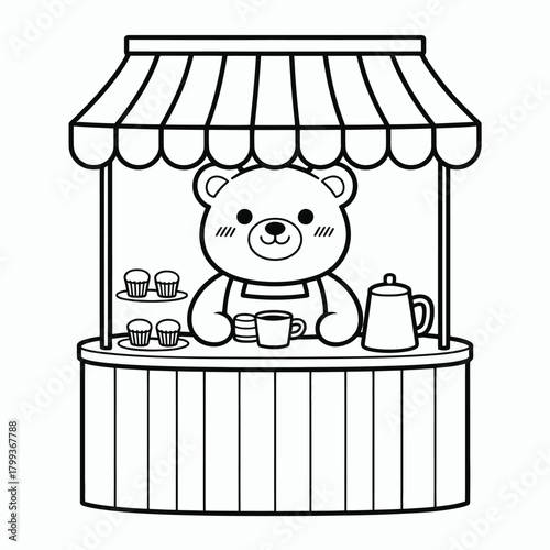 Charming cartoon bear operating a cute coffee and cupcake stall line art Vector
