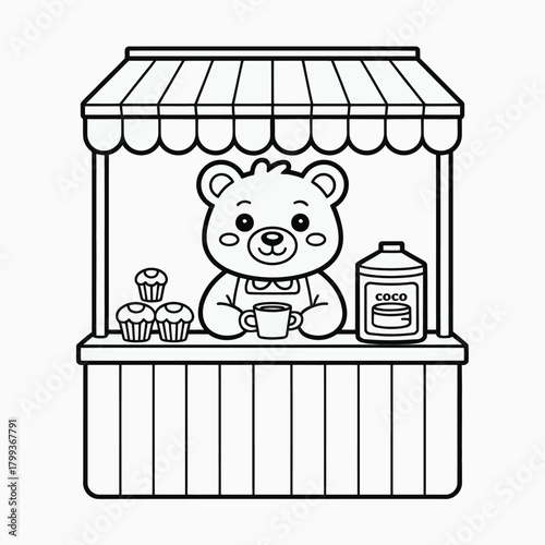 Cute bear character barista serving cocoa and cupcakes from his market stall Vector