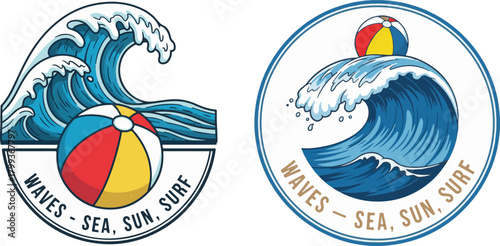 Hand-Drawn Ocean Waves Beach Ball Logo with Summer Text Elements