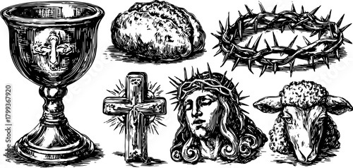 Illustration featuring a cup, bread, cross, crown, and sheep. Vector set with black and white sketch style elements.