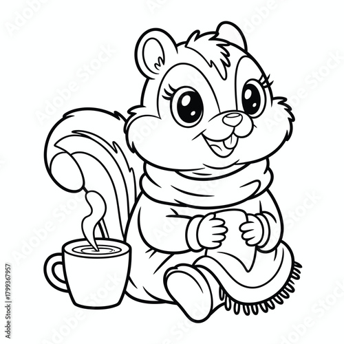 Cheerful outline squirrel in scarf with steaming mug and comfort item, vector Vector