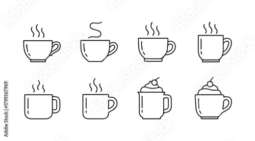Collection of eight steaming hot beverage cups in a simple line art silhouette style