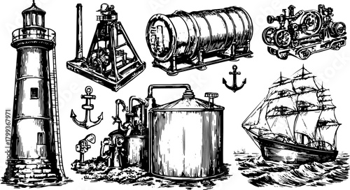 Vintage lighthouse, ship, and machinery line drawing. Classic black and white vector illustration showcasing maritime themes and technical tools set.