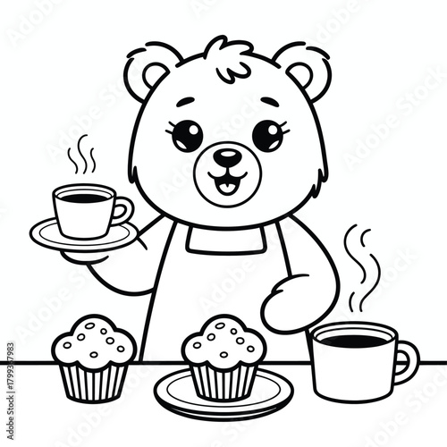 Cute cartoon bear chef serving coffee and muffins, adorable animal bakery line art. Vector