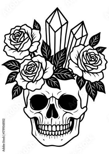 Vector skull head decorated with roses and crystals — mystical magical atmosphere, perfect for engraving, gothic art, and fantasy projects