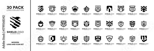 Set of shield armor defense logo design inspiration. Geometric abstract logo icon vector isolated on white background.\