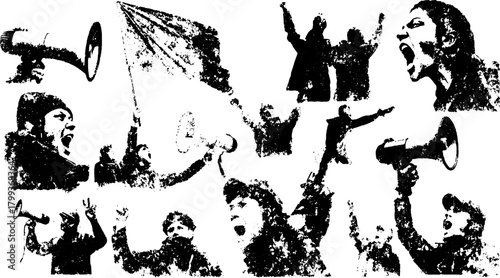 Protest scene featuring individuals using megaphones and flags. Black and white vector illustration conveying strong activism and unity in a set.