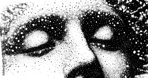 Face with closed eyes and star patterns. Black and white vector illustration with unique texture and visual concept of fantasy and space.